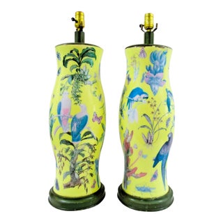 1970s Pair of English Mid-Century Palm Beach Reverse Decoupage Botanical Table Lamps For Sale