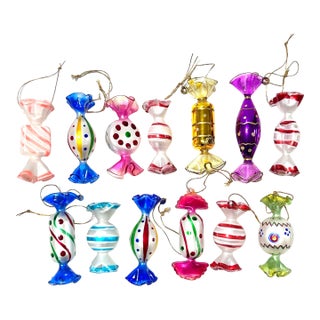 Vintage Glass Candy Christmas Ornaments – Set of 13 For Sale