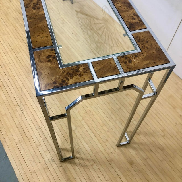 Milo Baughman Console Table | Burlwood Chrome and Glass For Sale - Image 9 of 11