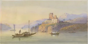 Edwin St. Johns, Brush: Misty Morning at the Cliffside Ruins, 1920s, Watercolor