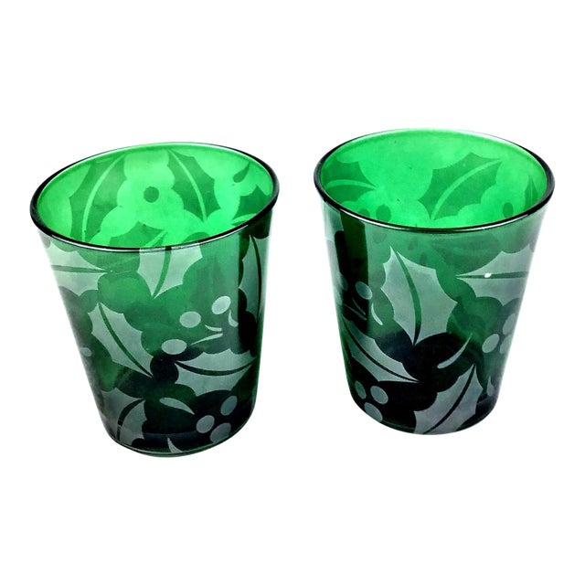 Bright Holly Decorated Green Vintage Cocktail Glasses For Sale