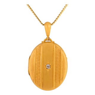 19th Century Victorian Old Mine Cut Diamond 14k Yellow Gold Locket Necklace For Sale