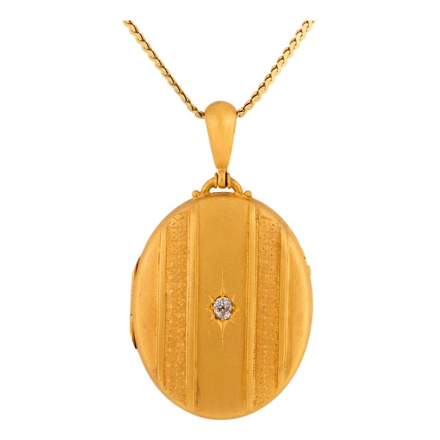 19th Century Victorian Old Mine Cut Diamond 14k Yellow Gold Locket Necklace For Sale
