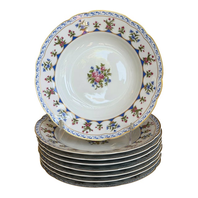 Set of 8 Bernardaud Chateaubriand Blue Limoges Porcelain Wide Rim Shallow Soup Bowls For Sale