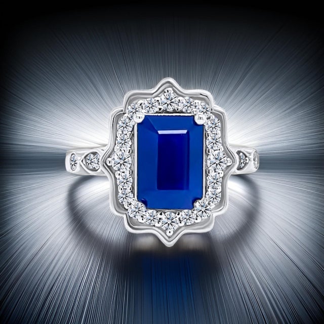 Metal Natural Sapphire Diamond Ring Size 6.5 14k W Gold 3.51 TCW Certified For Sale - Image 7 of 12