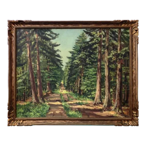 Mid 20th Century Forest Painting With Hand Carved Gold Frame