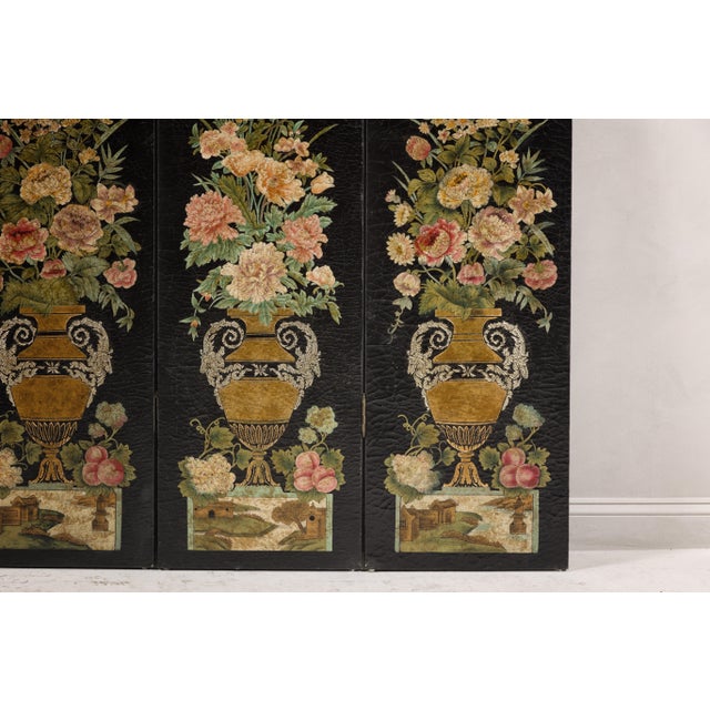 Black Lacquer Chinese Four-Panel Screen with Polychrome Floral Décor For Sale - Image 9 of 12