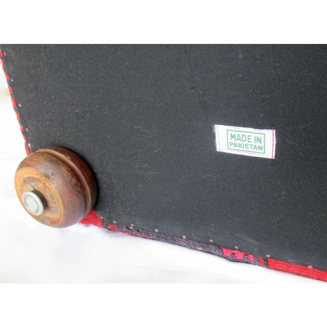 Vintage Turkish Kilim Footed Ottoman With Round Wood Turned Feet Made in Pakistan For Sale - Image 11 of 13