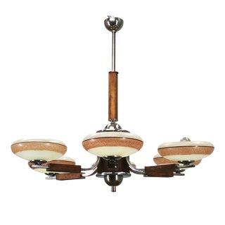 Large Art Deco Wood and Glass Six-Light Chandelier in Chrome, 1930s For Sale