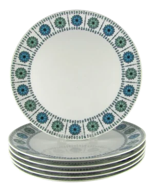 Vintage Turquoise & Green Atomic Flower Dinner Plates- Set of 6