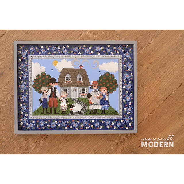Impossibly charming peasant folk art from Donna Moses from the 1980s. This painting on wood depicts a family portrait with...