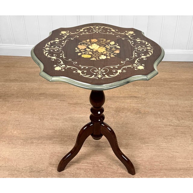 - Original 1970’s Italian Rococo Side Table - Walnut Veneered Top with Wonderful Fruitwood Inlay / Floral Motif - Clear...