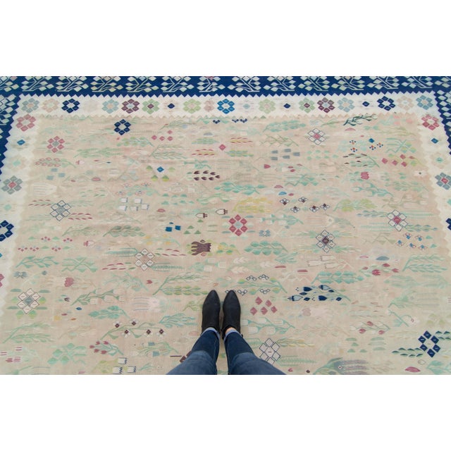 1950s Vintage Bessarabia Romanian Mansion Size Beige Plants Trees Hand-Woven Kilim Rug - 11’1” X 19’ For Sale - Image 4 of 10