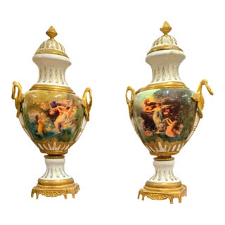 French Hand-Painted Porcelain Lidded Vase With Romantic Artwork, Gold Leaf & Bronze Ormolu (Sold Individually) For Sale
