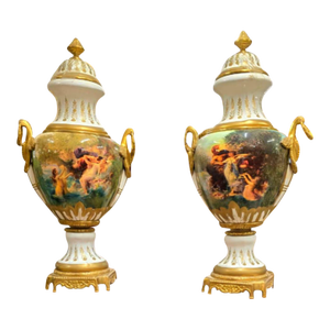 French Hand-Painted Porcelain Lidded Vase With Romantic Artwork, Gold Leaf & Bronze Ormolu (Sold Individually)