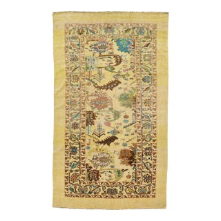 Mid-Century Modern Style Beige/Tan Handmade Floral Wool Rug For Sale