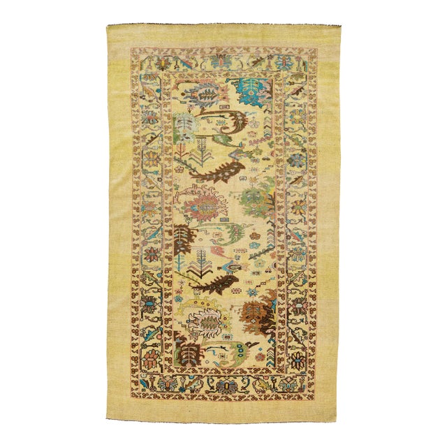 Mid-Century Modern Style Beige/Tan Handmade Floral Wool Rug For Sale