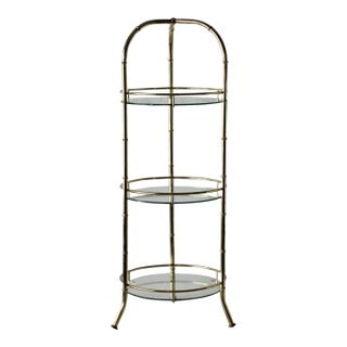 1970s Vintage Cylindrical Faux Bamboo Gold Brass Three Tier Étagère Plant Dessert Stand With Glass Shelves For Sale