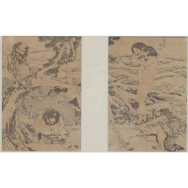 An original modern artwork realized after Katsushika Hokusai in the late 19th Century. Black and white woodcut print....