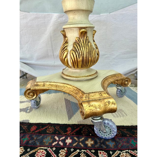 Vintage Neoclassical Style Carved Pedestal Accent Table With 3/4" Glass Top on in-Line Wheels For Sale In Chicago - Image 6 of 9