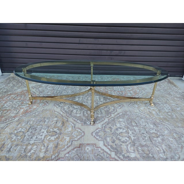 Vintage Hollywood Regency Brass Oval Coffee Table ( La Barge ) Style Glass Top and Hoof Detailed Feet - Classic /...