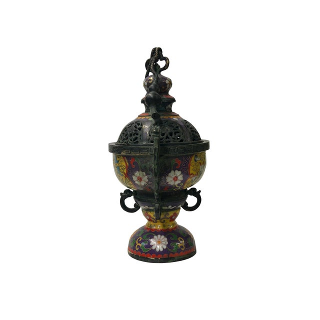Chinese Chinese Metal Blue Yellow Enamel Cloisonne Ding Shape Incense Burner Figure For Sale - Image 3 of 13