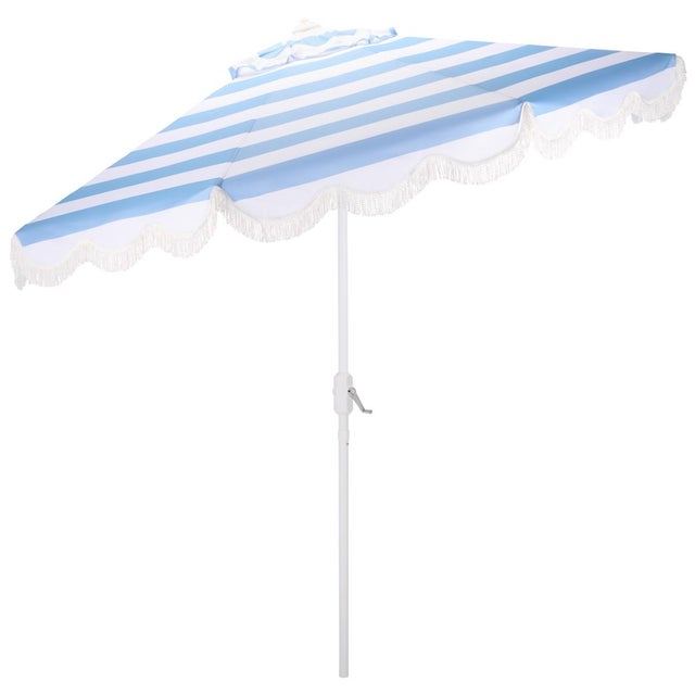 Baby Blue Lucerna 9 Ft Crank Umbrella, Baby Blue Stripe/White Pole For Sale - Image 8 of 9