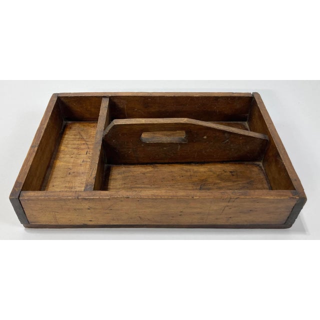 Antique handmade primitive wood toolbox caddy with handle. Three storage compartments. Very versatile and solid piece....