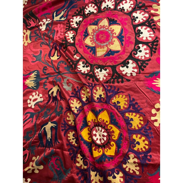 Textile Vintage Uzbek Suzani Silk Embroidered Tapestry, Circa 1960s–1970s, Large 74” X 74” Central Asian Wall Hanging [Af] For Sale - Image 7 of 10