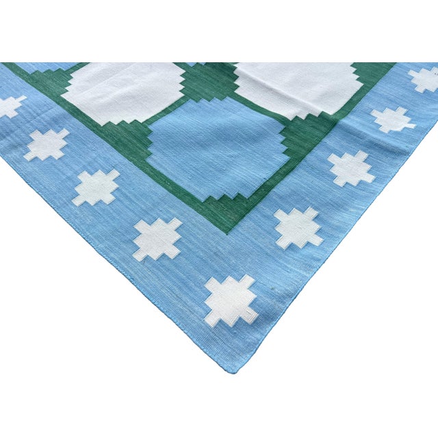 Not Yet Made - Made To Order Handmade Cotton Area Rug, Vegetable Dyed Sky Blue, Cream and Green Swedish Tile Dhurrie-5'x8' For Sale - Image 5 of 13