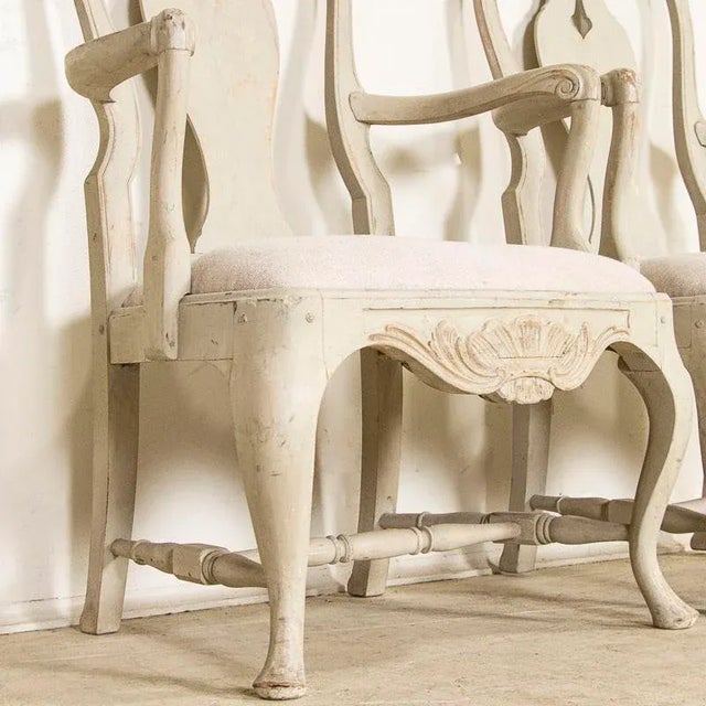 Late 19th Century Antique Pair of Gray Painted Swedish Arm Chairs For Sale - Image 11 of 12