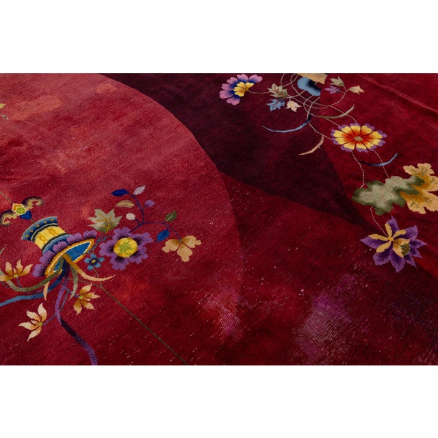 Antique 1920s Chinese Art Deco Wool Rug in Rich Ruby, Plum & Magenta 9x11 For Sale - Image 9 of 13