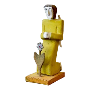 Vintage Folk Art Carved + Painted Wood Figure Praying to Flower by Zenon Miczołek, Circa 1990s