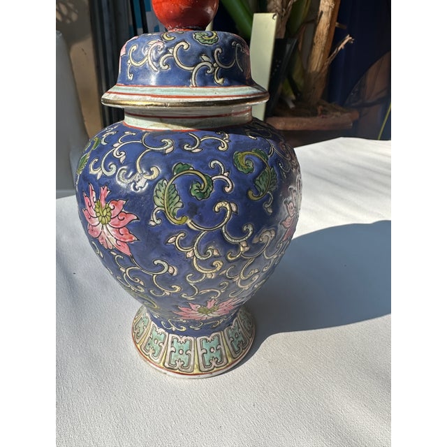 Ceramic Vintage Blue Floral Asian Inspired Jar For Sale - Image 7 of 8