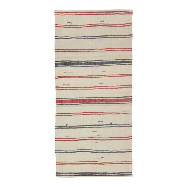 Turkish Kilim Rug With Horizontal Stripes in Red and Blue, Cream Background For Sale