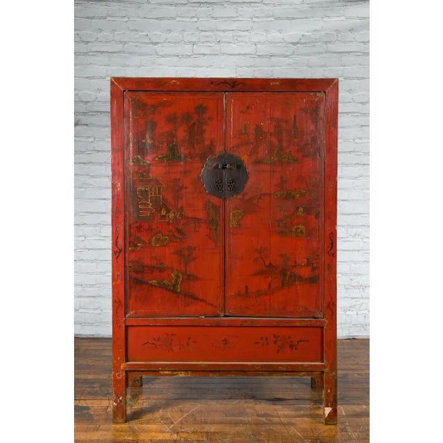 Qing Dynasty 19th Century Hand-Painted Cabinet with Original Red Lacquer For Sale In New York - Image 6 of 13
