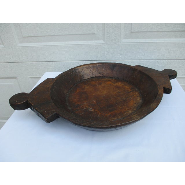 Indian Hand Carved Wooden Dough Bowl With Handles For Sale - Image 3 of 10