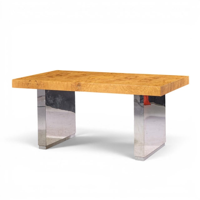 Brown Roger Sprunger for Dunbar Mid Century Burlwood and Chrome Expanding Dining Table With 2 Leaves For Sale - Image 8 of 13
