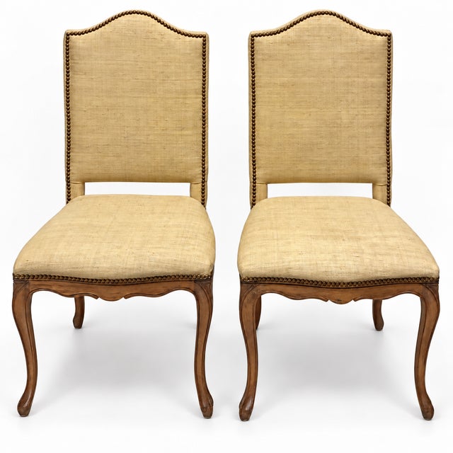 Wood Louis XV Style French Style Side Chairs in Grasscloth W/ Brass Nailheads Att. To Grange - Pair For Sale - Image 7 of 8
