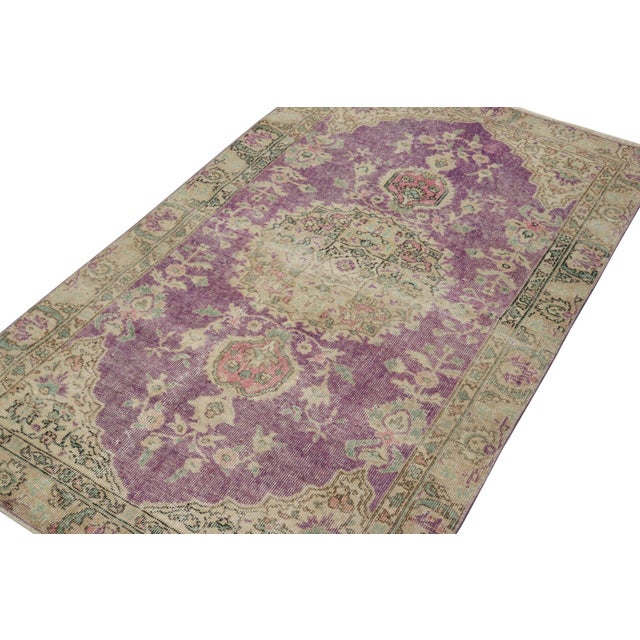 Rug & Kilim Distressed Vintage Runner in Purple With Beige Floral Medallion, by Rug & Kilim For Sale - Image 4 of 7