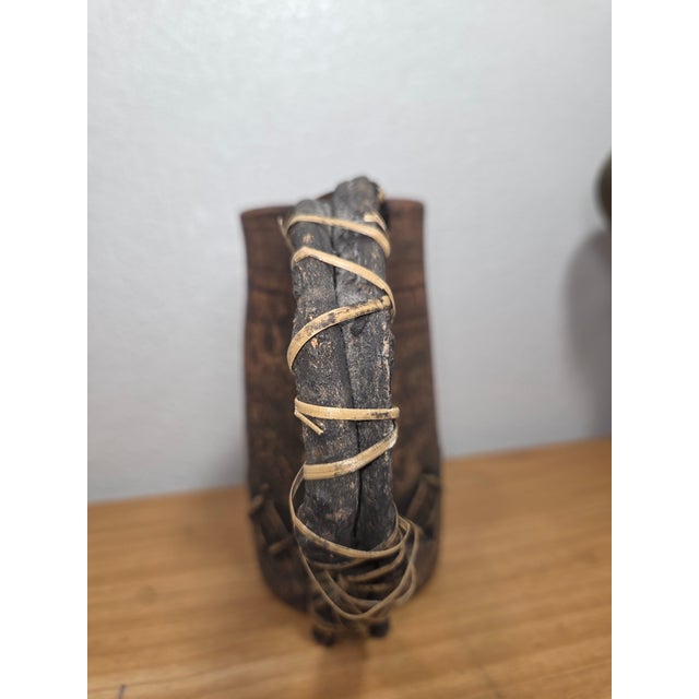 Early 20th Century Handcrafted Primitive Clay Vessel With Wrapped Vine Handles, Rustic Folk Art Sculptural Vase For Sale - Image 5 of 12