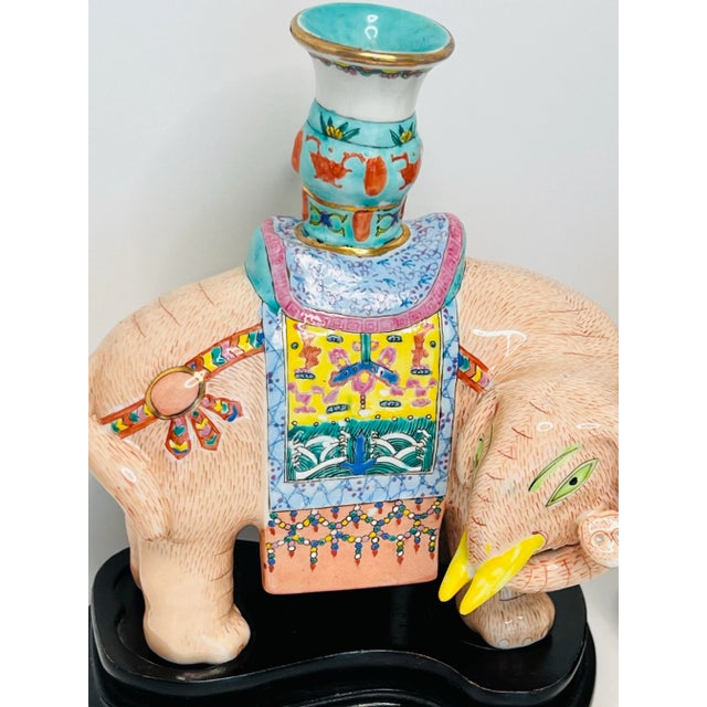 Mottahedeh Famille Rose Enameled Elephant Candle Holders on Plinth a Pair For Sale In Chicago - Image 6 of 12