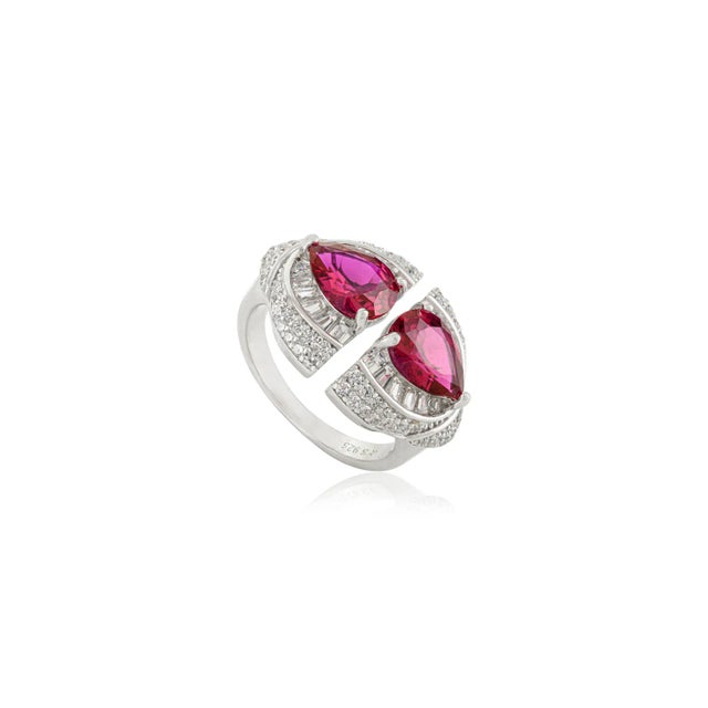 Art Deco Sterling Silver Statement Ring With Pink & White Cubic Zirconia Vintage Glam Size 7 For Sale - Image 3 of 12