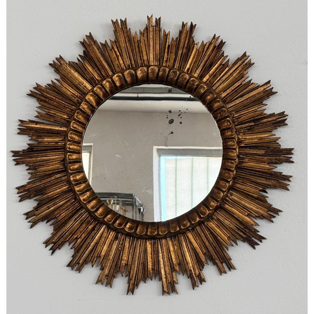 Mid-Century Baroque Italian Sunburst Giltwood Wall Mirror, 1940s For Sale - Image 4 of 18