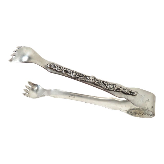 Antique Solid Sterling Silver Ice Tongs With Hearts Winged Angels For Sale