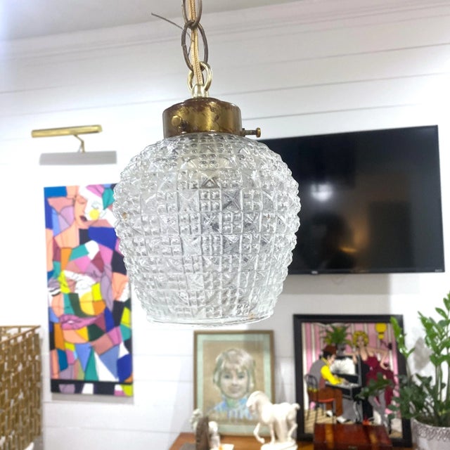 Mid-Century Modern Vintage Mid-Century Cut Glass and Brass Pendant Light For Sale - Image 3 of 7