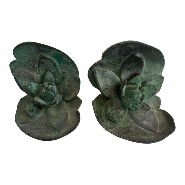 Antique Pair of Lead Garden L Bookends Water Lily With Frog For Sale