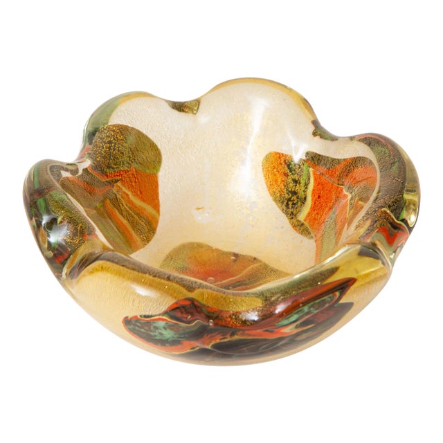 Vintage Murano Glass Patchwork Bowl by Avem Gold Aventurine, Orange, Red Green 1950's For Sale
