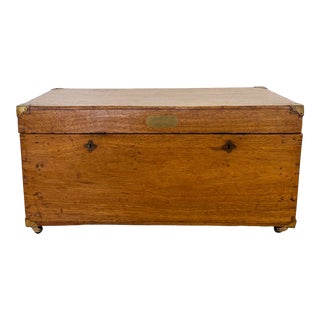 Antique Wooden Trunk on Castors With Brass Hardware For Sale
