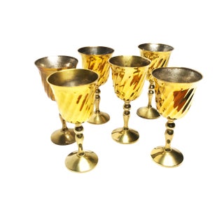 Vintage Mid Century Indian Tall Brass Wine Goblets- Set of 6 For Sale